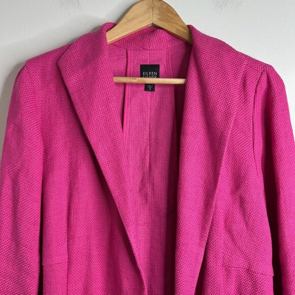 Eileen Fisher Blazer Sz M Pink Linen Blend Open Front Textured Pockets Preppy - Picture 2 of 11